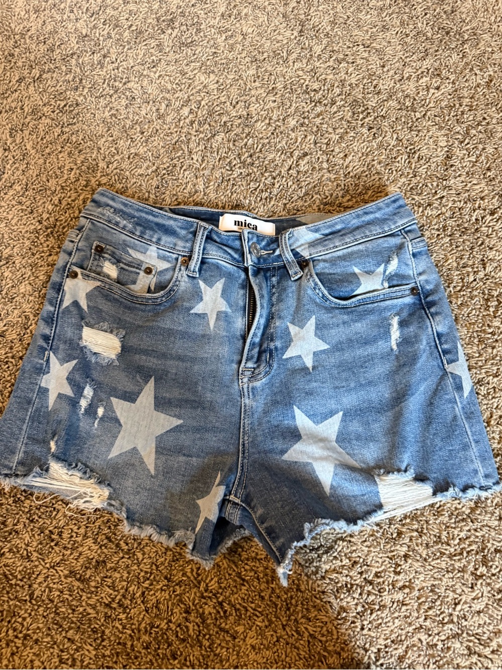 Mica Star Print High-Rise Denim Shorts - Blue